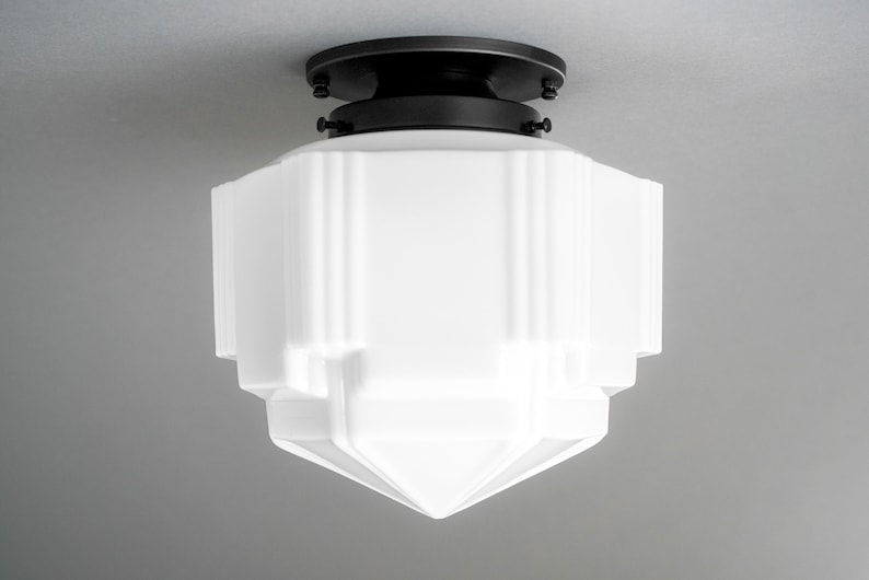 Art Deco Lighting 8.5in Milk Glass Shade Art Deco Flush Ceiling Light Lighting Model No. 1822 Black