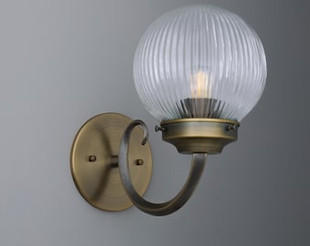 Sconce Light-Brass Wall Sconce-Ribbed Glass Globe-Modern Wall Light - Model No. 1093