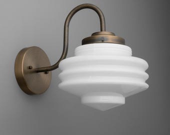 Sconce Light-Brass Wall Sconce-Art Deco Light-White Glass Shade - Model No. 1096
