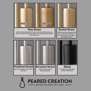 May include: A display of brass and metal lighting components, including raw brass, sealed brass, polished nickel, brushed nickel, and black finishes. Each finish is shown with a description. The brand name "PEARED CREATION" is also visible.