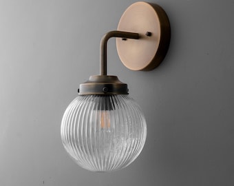 Sconce Light-Glass Wall Sconce-Ribbed Glass Lamp-Brass Wall Light - Model No. 6857