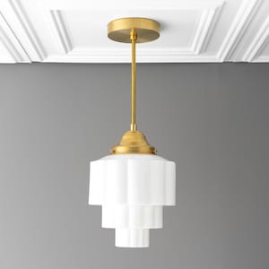 Art Deco Fixture - Pendant Light - Hanging Light - Art Deco Shade - Wedding Cake Light - Hanging White Globe - Model No. 3764