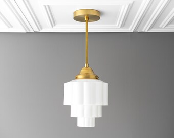 Art Deco Fixture - Pendant Light - Hanging Light - Art Deco Shade - Wedding Cake Light - Hanging White Globe - Model No. 3764