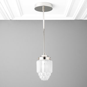 Pendant Light Art Deco Skyscraper Shade Hanging Light Art Deco Shade Kitchen Lights Frosted Glass Model No. 5492 Polished Nickel