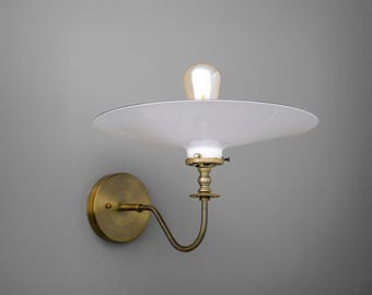 Sconce Light-Brass Wall Sconce-White Enamel Lamp-Farmhouse Light - Model No 7148