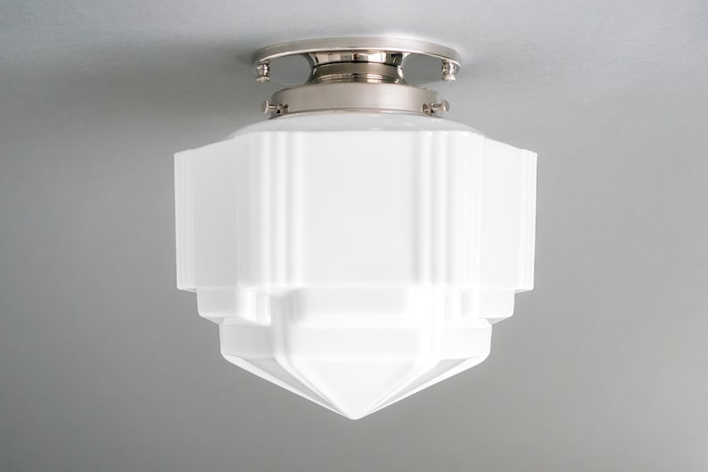 Art Deco Lighting 8.5in Milk Glass Shade Art Deco Flush Ceiling Light Lighting Model No. 1822 Polished Nickel