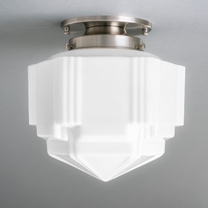 Art Deco Lighting 8.5in Milk Glass Shade Art Deco Flush Ceiling Light Lighting Model No. 1822 Brushed Nickel