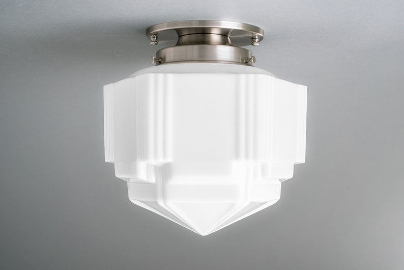 Art Deco Lighting 8.5in Milk Glass Shade Art Deco Flush Ceiling Light Lighting Model No. 1822 Brushed Nickel