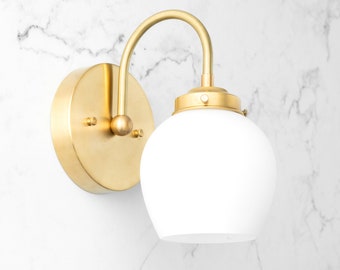 Curved Sconce Light - Brass Wall Light - Frosted Globe Sconce - Bathroom Sconce - Bedside Wall Light - Model No. 7283