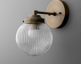 Sconce - Brass Wall Sconce - Glass Globe Light - Ribbed Glass Shade - Model No. 1036