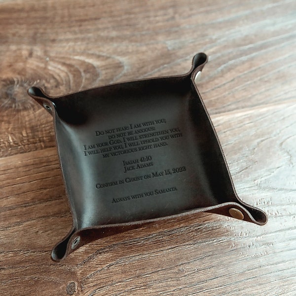 Leather Catchall, Confirmation Gift for Boy, Engraved Leather Valet Tray, Religious Gift for Catholic, Orthodox Gift Men, Christian Gift
