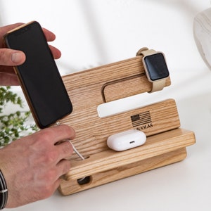 Charging Station for Multiple Devices, Custom Iphone Stand, Gift for Boyfriend, Dad, Friends, Coworker or Husband, Wooden Docking Station