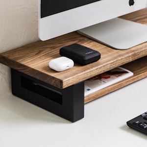 Desk Monitor Stand Riser with Storage, Walnut Desk Shelf, Large Wood Monitor Stand Holder, Wooden Monitor Shelf, Dual Monitor Stand