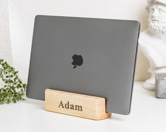 Macbook stand, vertical laptop stand, macBook holder, fathers day gift, macbook dock, wood desk organizer, aesthetic desk setup, mac stand