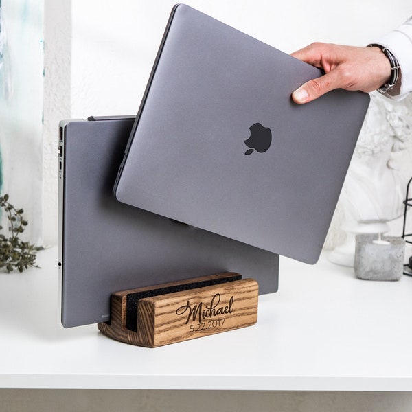 Vertical Laptop Stand for Macbook, Wooden Dual Laptop Holder, Mac Pro Air Stand, Laptop Dock Stand, Father's Day Gift, Personalized Gift