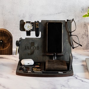 Wooden Docking Station for Men,  Engraved Nightstand, Bedside Organizer, Custom Phone Iwatch Stand, Desk Organizer, Unique Gift for Him