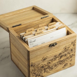 Wooden Recipe Box With Dividers, Handmade Custom Engraved Recipe Box, Walnut Recipe Box with Cards, Recipe Kitchen Organizer, Grandma Gift
