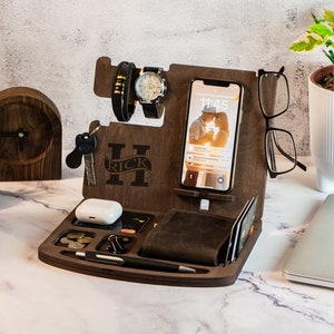 Wooden Phone Docking Station for Men, Personalized Tech Organizer, Gift for Dad or Husband, Handmade Charging Stand, Unique Gift For Him
