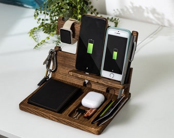 Docking Station for multiple device, Apple charging station, Gift for Him, Anniversary Gift, Personalized Gift for Husband, Items Organized