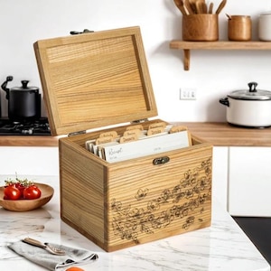 Kundenspezifische Blumenrezeptbox mit Karten, personalisierte Rezeptbox, individuell gravierte Kochbox, Holzrezeptbox mit 4x6-Teilern und Rezeptkarten