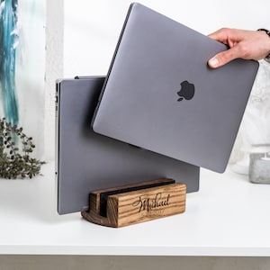 Personalized Laptop Desk Holder, Custom Name Macbook Wood Stand, 1 or 2 Slots, Wooden Laptop Stand, Laptop Holder, Ergonomic Holder for iPad