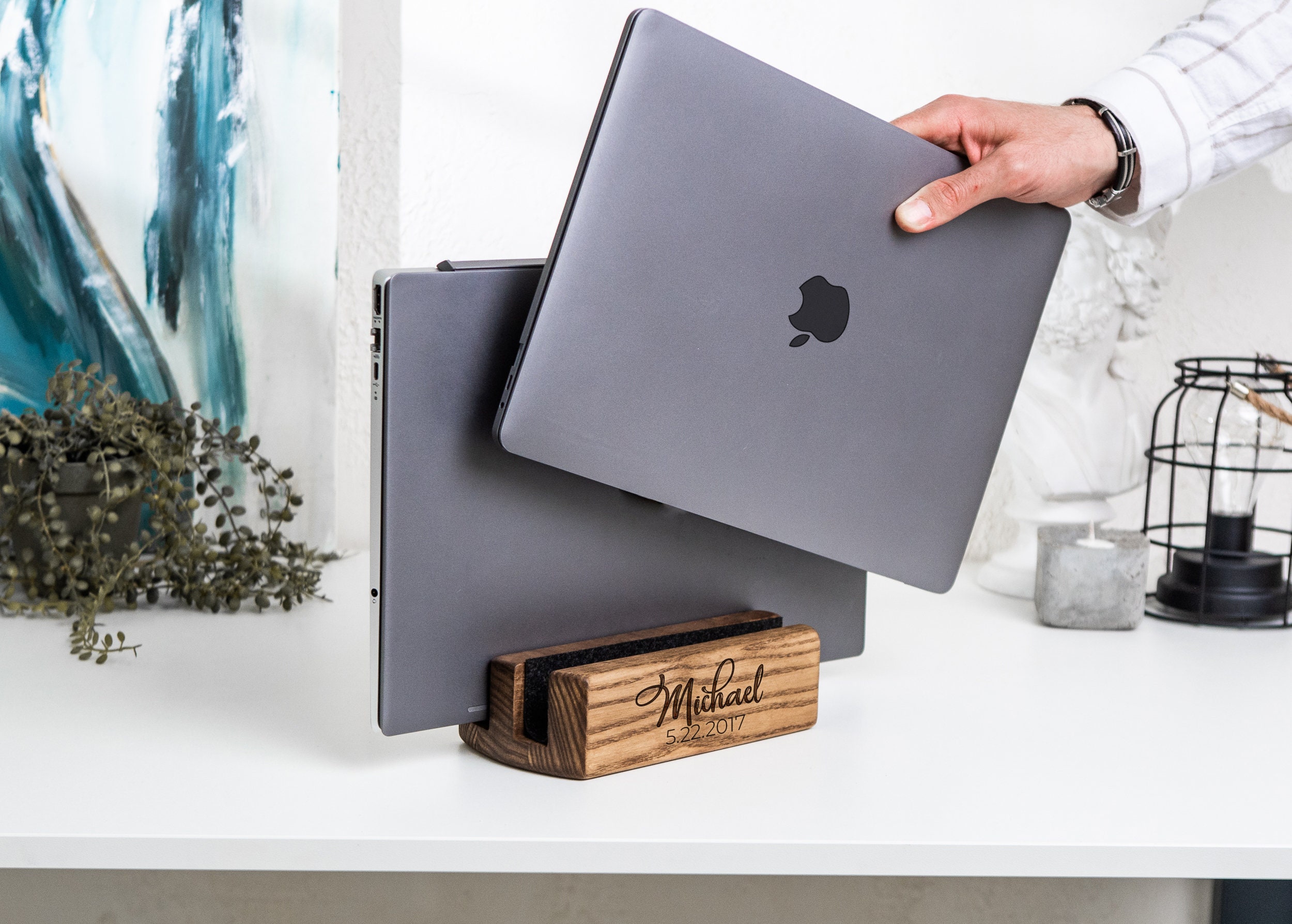 Personalized Wooden Laptop Stand, Dual Slot Ergonomic Desk Organizer ...