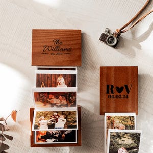 Custom Wooden Photo Box Album, Personalized Memory Keepsake, Engraved Wood Gift for Couple, Anniversary Gift Idea, Rustic Handmade Photo Box