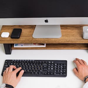 Desk Monitor Stand, Walnut Desk TV Shelf, Wooden Monitor Shelf, Dual Monitor Holder