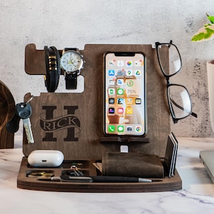 Custom Phone Docking Station, Gift for Husband, Nightstand Organizer for Men, Wooden Desk Organizer, Charging Stand, Phone Charging Station