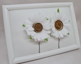 Exclusive wedding rings pillow in the frame White ring holder with white artificial flower