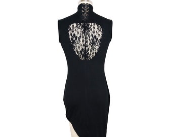 Dagger black dress, mock neck with spikes lacing, lace back, form fitted, pockets