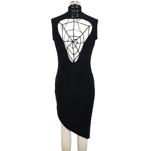 Spiderweb black dress, spikes lacing, form fitted, pockets, black, goth, alternative, gothic