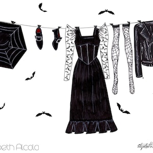 Art print Witch&#39;s Laundry Day fashion illustration, gothic, alternative, halloween