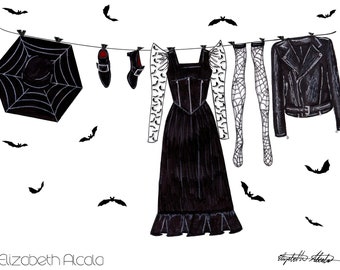 Art print Witch's Laundry Day fashion illustration, gothic, alternative, halloween