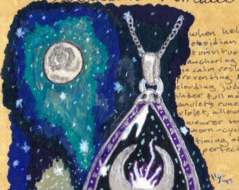 Obsidian Amulet Grimoire Page | Original Fantasy Art Print | Magical Artifact Illustration | Witchy Wall Art | Dark Academia Decor