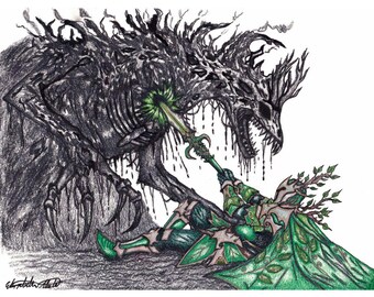 Kaito and the Umbra Wyrm Fine Art Cotton Rag Print Dark Fantasy Illustration Gothic Wall Art Archival Artifact Print