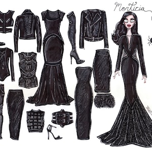 Art print Morticia addams closet fashion illustration