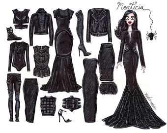 Art print Morticia addams closet fashion illustration