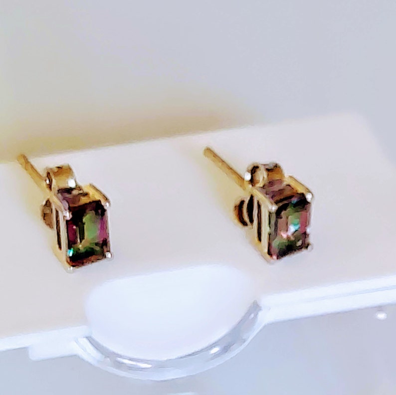 Ladies Natural Mystic Topaz Octagon Cut Stud Earrings Multi-color 7x5mm solid 925 Sterling Silver Butterfly Backings Great Gift