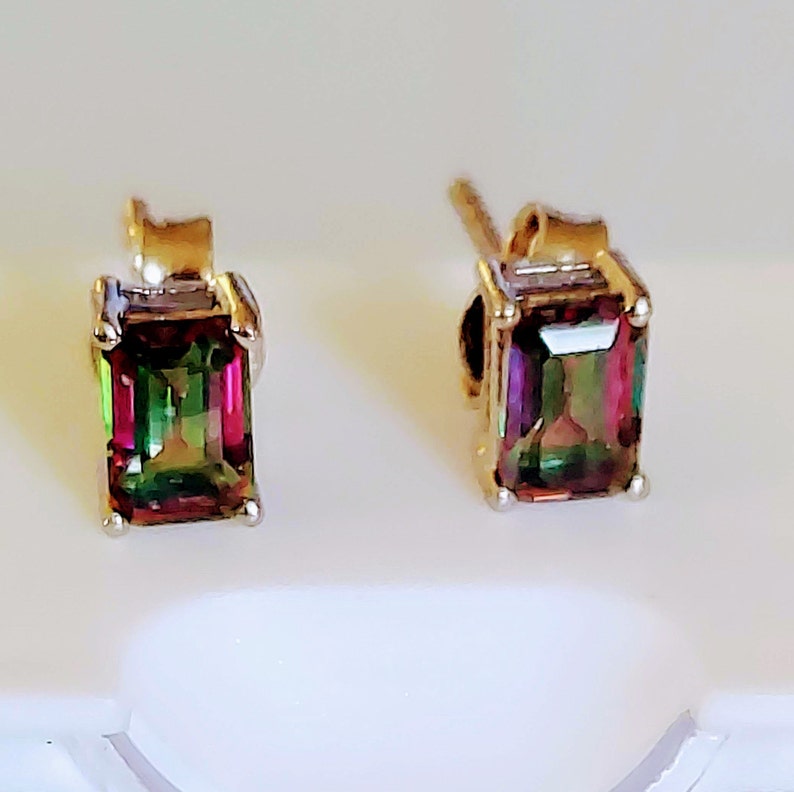 Ladies Natural Mystic Topaz Octagon Cut Stud Earrings Multi-color 7x5mm solid 925 Sterling Silver Butterfly Backings Great Gift