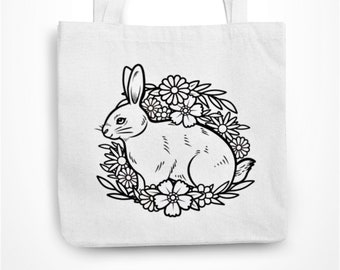 Floral Rabbit Print Tote Bag Eco Friendly Shopping Bag Spring time Easter Bunny Mothers Day Gift Birthday Christmas Eco-friendly Bag