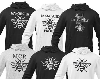 Manchester Bee Hoodie Hooded Sweatshirt Pullover / MCR BEE / Manc And Proud / Manchester Bee Clothing Designs / Gift Birthday Christmas