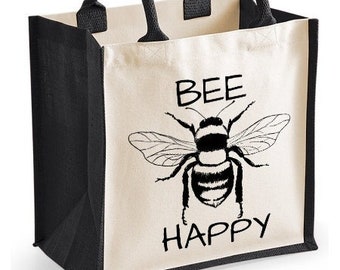 Bee Happy Midi Jute Shopper Canvas Bag / Cute Bee Animal Design / Lunch Bag Present / Gift for Friends & Family