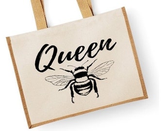 Queen Bee Large Jute Bag / Bee Design Shopper Canvas Shopping Carry Bag / Cute Girlfriend / Wife Birthday Anniversary Gift