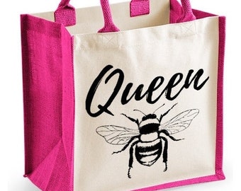 Queen Bee Midi Jute Bag / Bee Design Shopper Canvas Lunch Bag / Girlfriend / Wife Birthday Anniversary Gift
