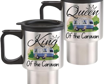 Ensemble de tasses de voyage en acier inoxydable Roi et reine de la caravane/Cadeau commun pour couple caravane/Ensemble assorti de tasses à café thermiques