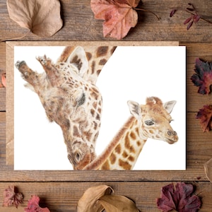 Carte de voeux girafe 7 x 5 pouces - belle carte animal - vierge à l'intérieur - carte Safari faune maman et bébé - fête des mères