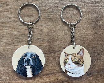 Personalised Hand Painted Pet Keyring - Custom Dog Cat Rabbit Wooden Key Chain