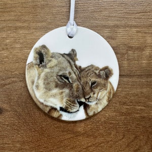 Mother & Baby Lion Ceramic Hanging Decoration | Lioness and Cub Ornament | New Mum Gift | Nursery Animal Keepsake