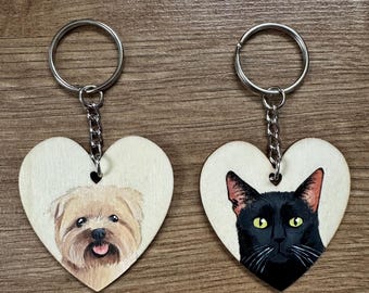 Personalised Heart Shaped Pet Keyring | Hand Painted Custom Dog or Cat | Wooden Keyring Gift | Painted from Photo